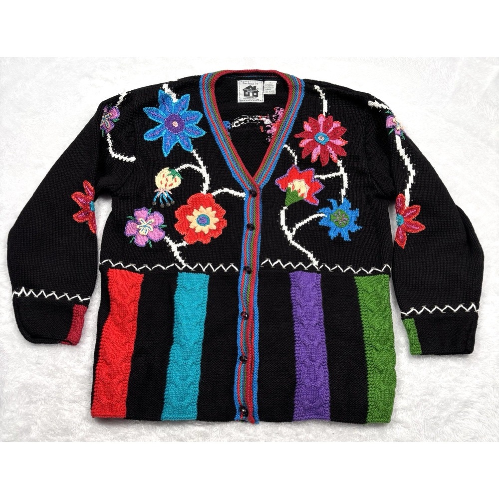 Handknits Storybook Cardigan Sweater L Black Floral Cottage Granny Colorful RARE
